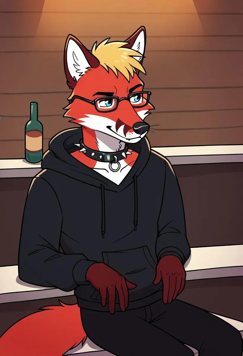 Furry art of an anthropomorphic fox with red fur, glasses, black hoodie, and spiked collar, sitting in a bar setting. AI generated image using Stable Diffusion.