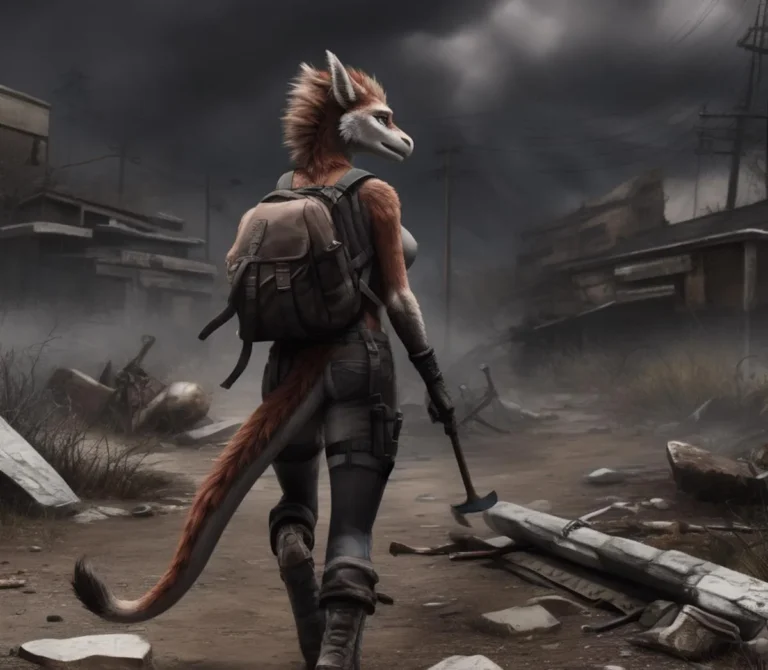A furry humanoid character with a backpack and axe walking through a post-apocalyptic landscape. This is an AI generated image using Stable Diffusion.