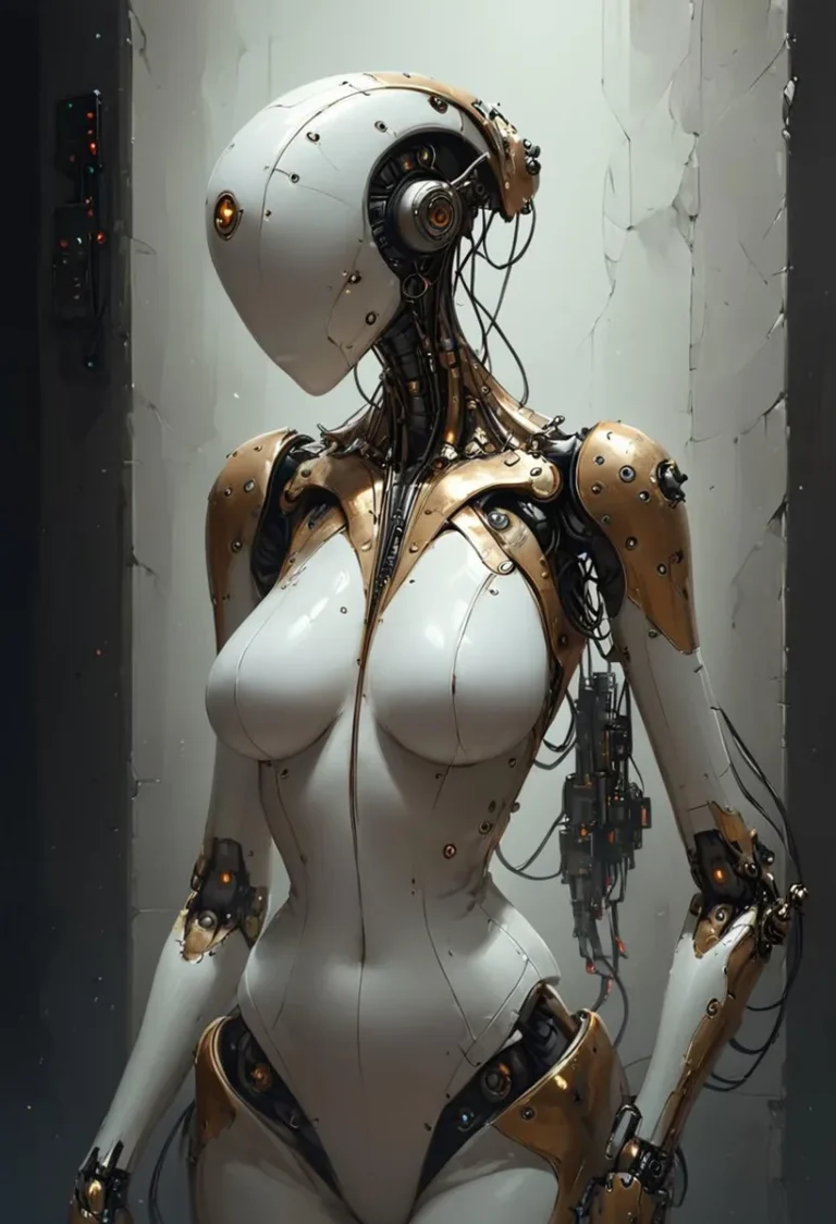 Futuristic android woman with a sleek white and gold body, detailed mechanical components, created using Stable Diffusion.