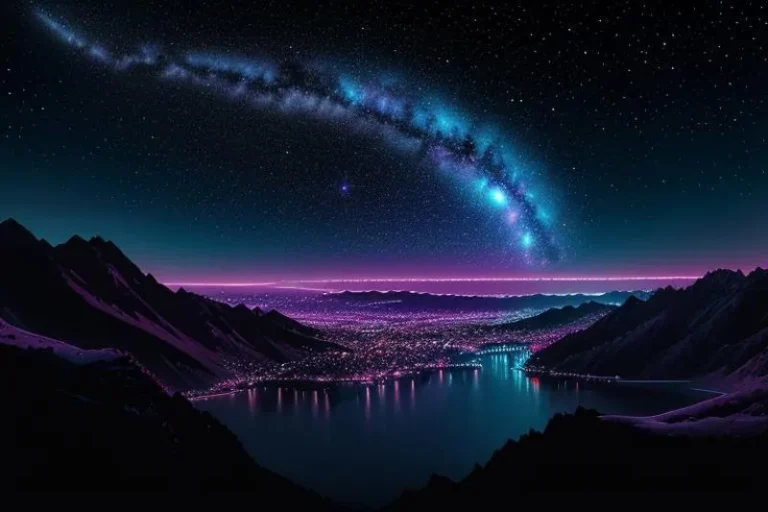 A futuristic cityscape under a brilliant galaxy night sky with mountains in the foreground, created by AI using stable diffusion.