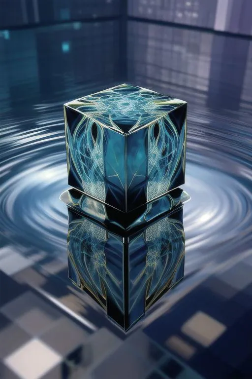 A futuristic cube with intricate designs floating above reflective water in a digital cityscape, created using Stable Diffusion AI.