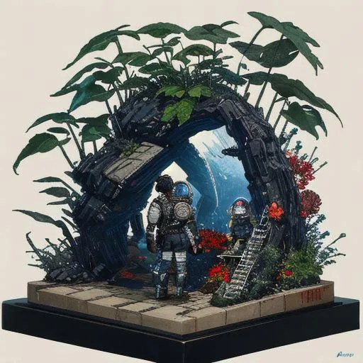 Futuristic landscape diorama featuring astronauts exploring an arch covered in lush greenery and red flowers, created using Stable Diffusion.
