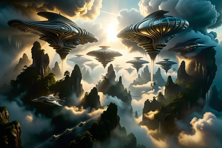 A detailed futuristic landscape with several alien ships hovering over mountainous terrain, created using Stable Diffusion AI.