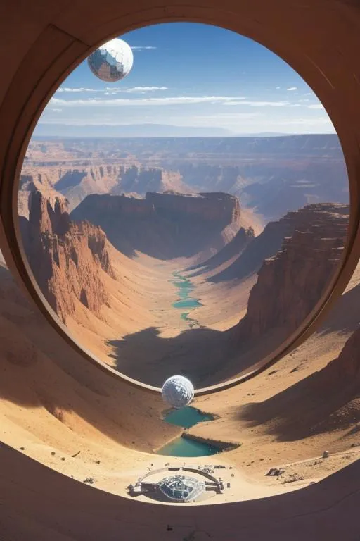 An AI generated image using Stable Diffusion depicting a futuristic landscape in a desert canyon with sci-fi architecture.