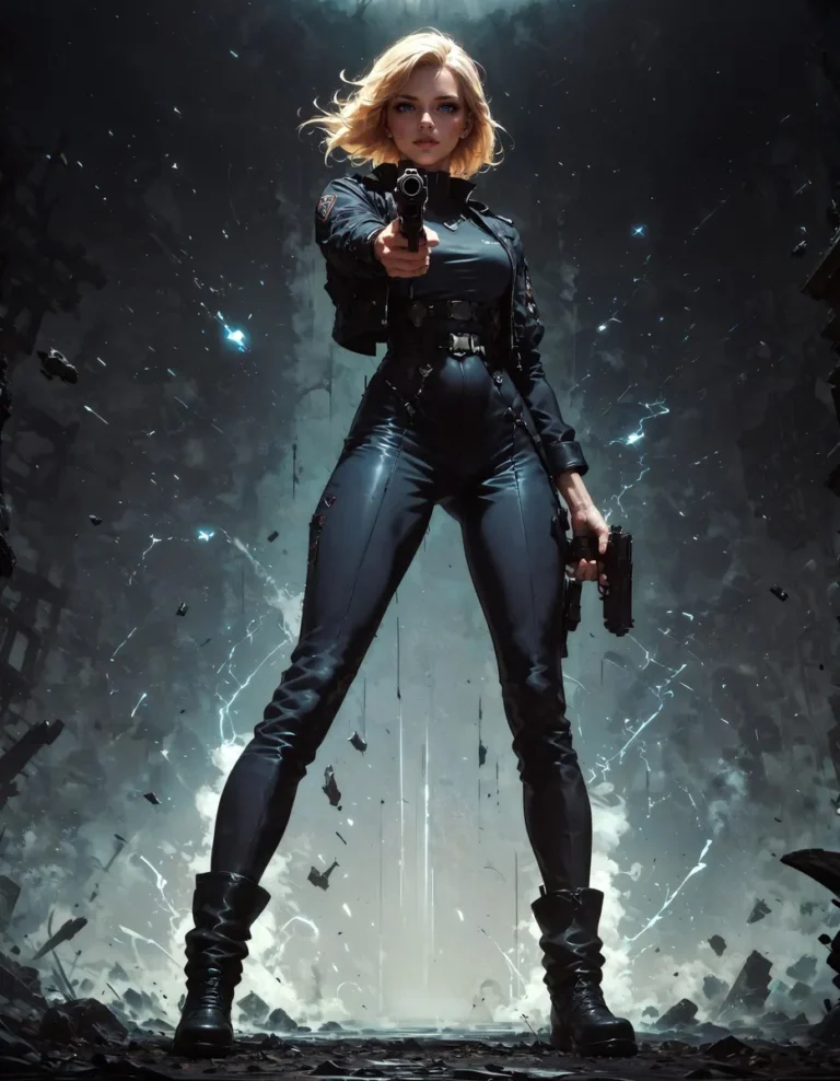 A futuristic female warrior in a cyberpunk setting, generated using Stable Diffusion AI.
