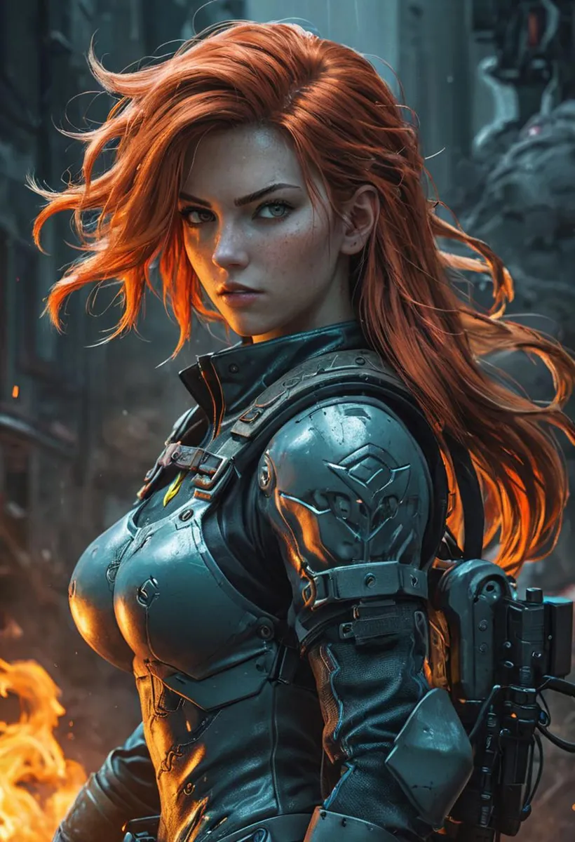 Futuristic warrior red-haired woman in armor in a cyberpunk setting, AI generated image using stable diffusion.