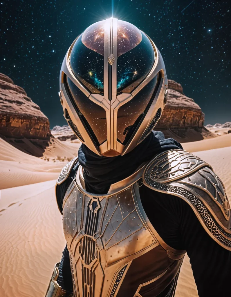 A futuristic astronaut in sleek armor standing in a desert landscape, with a starry sky reflected in the helmet. This is an AI generated image using stable diffusion.