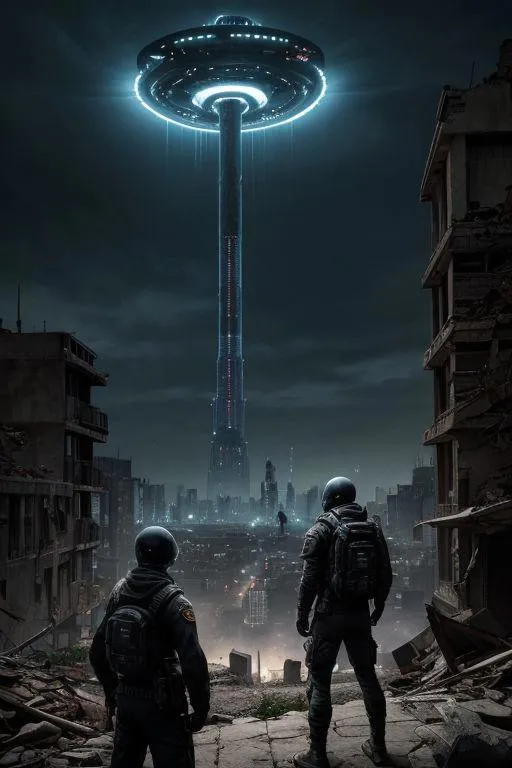 A futuristic cityscape featuring two soldiers in a post-apocalyptic setting, with a towering alien structure in the distance. An AI generated image using Stable Diffusion.
