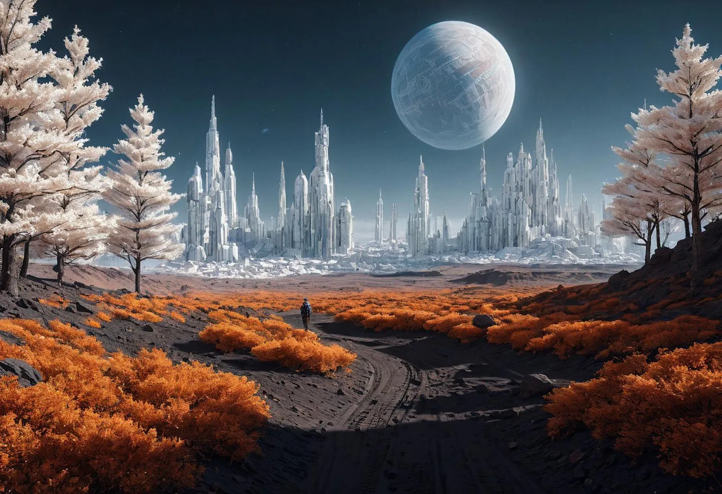A futuristic cityscape under a large planet, surrounded by alien vegetation with white trees and orange shrubs, AI generated using Stable Diffusion.