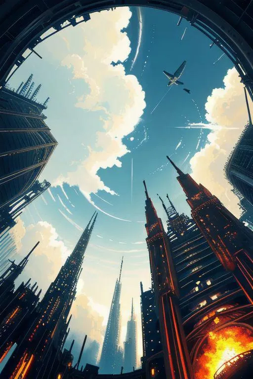 Futuristic cityscape with towering sci-fi buildings under a bright blue sky and scattered clouds, created using AI with stable diffusion.