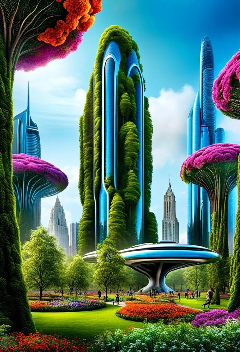 A vibrant AI-generated image of a futuristic cityscape using Stable Diffusion, featuring modern, organic skyscrapers with lush greenery and colorful flowering trees.