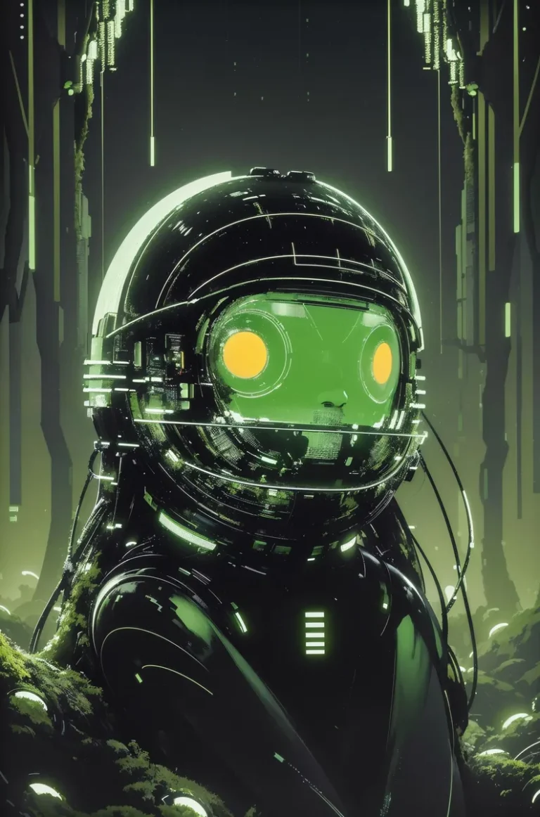 AI-generated image using stable diffusion, featuring a futuristic astronaut in a cyberpunk setting with glowing neon lights and a green visor.