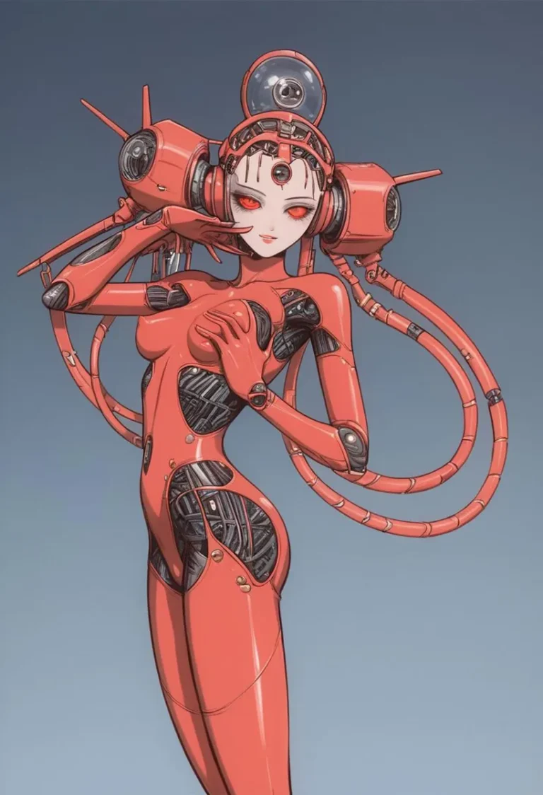 A futuristic cyborg woman with red mechanical body, AI generated image using Stable Diffusion.