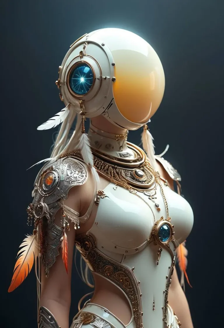 Futuristic cyborg female robot adorned with intricate sci-fi armor and jewelry with feathers and gemstones, generated using Stable Diffusion AI.
