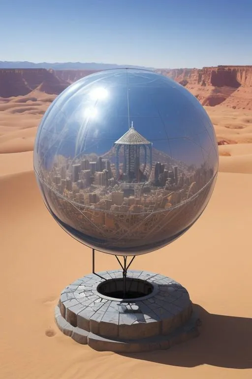 Futuristic city inside a clear glass sphere in a desert, AI generated using Stable Diffusion.