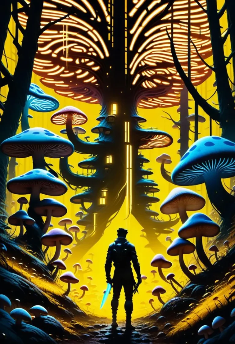 AI generated image using Stable Diffusion depicting a futuristic forest with giant mushrooms and a person holding a glowing sword.