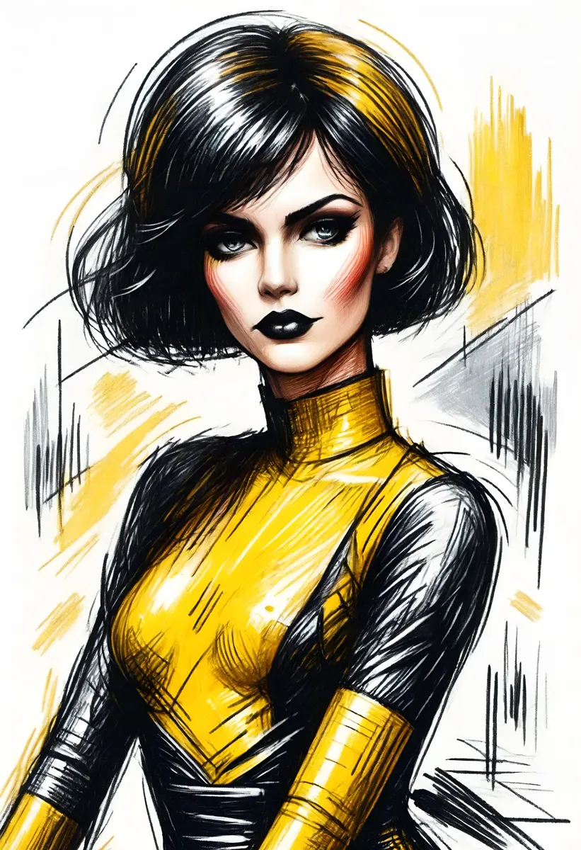 AI-generated futuristic heroine with short black hair, intense makeup, and wearing a yellow and black outfit. Created using Stable Diffusion.