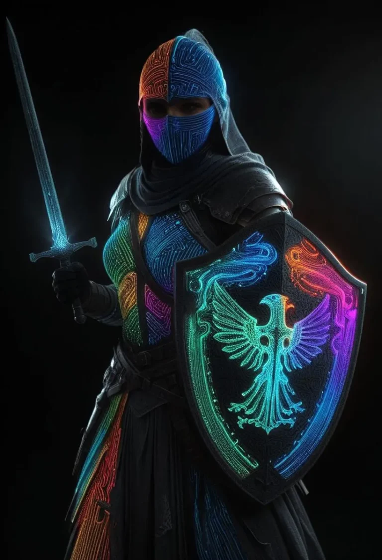 A futuristic knight in glowing, neon-colored armor holding a sword and shield. AI-generated image using Stable Diffusion.