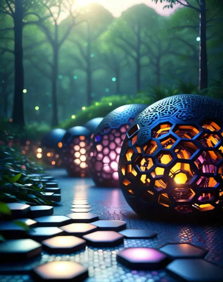 Futuristic lighting fixtures along a forest pathway during dusk, an AI generated image using stable diffusion.
