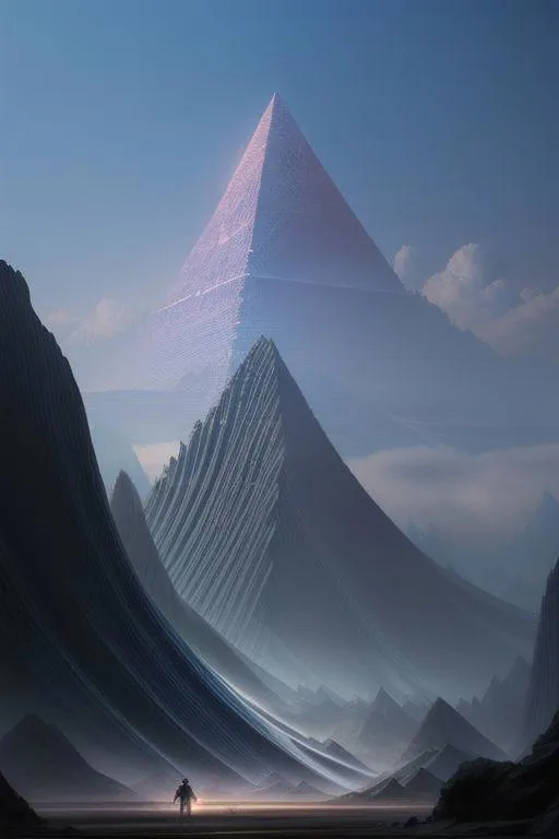Futuristic digital landscape featuring a giant pyramid among jagged mountains and a solitary figure in the foreground. This is an AI generated image using Stable Diffusion.