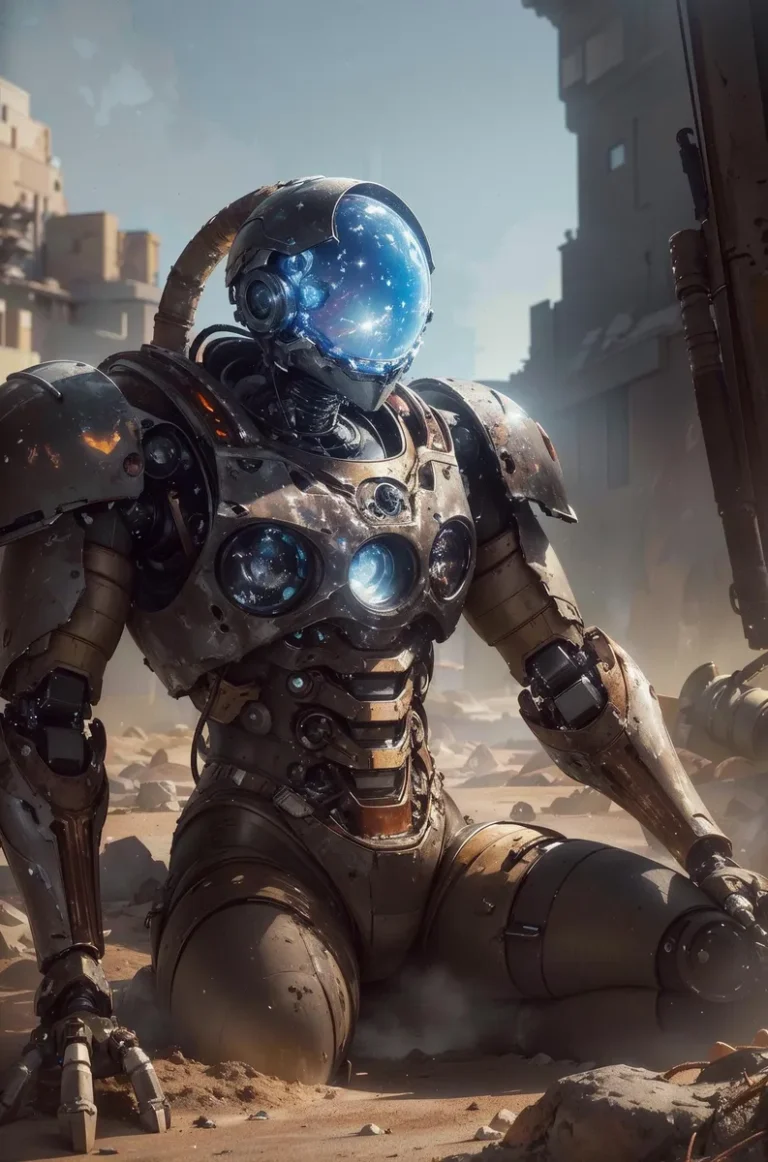A futuristic robot generated by AI using Stable Diffusion, set in a post-apocalyptic landscape with a reflective helmet showing space-like texture.