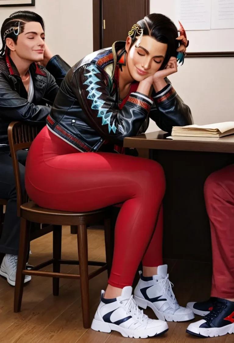 AI generated image using Stable Diffusion featuring two futuristic students with stylized makeup, colorful accessories, leather jackets, and red leggings, sitting at a desk in a classroom.