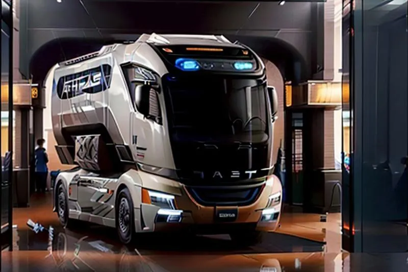 AI generated image using Stable Diffusion of a futuristic truck in a modern, high-tech garage with a sleek design and blue illuminated accents