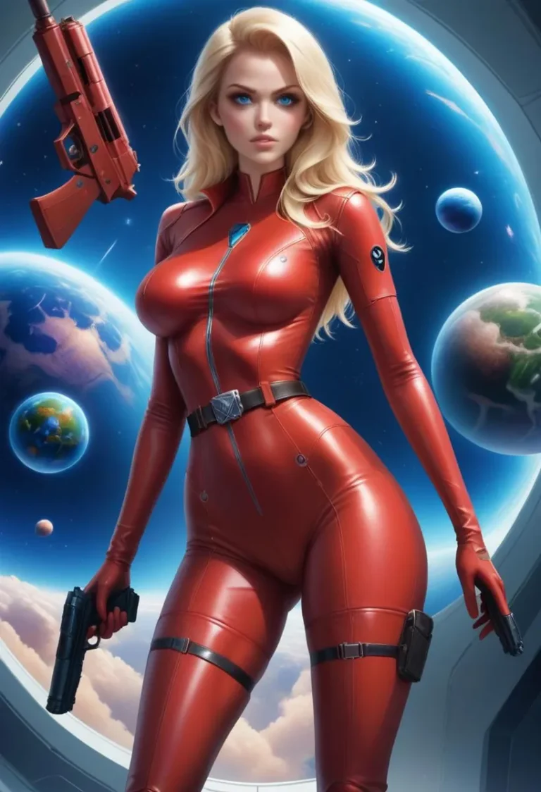 A woman in a tight red jumpsuit with various weapons, standing in a space station with planets visible in the background. This is an AI generated image using stable diffusion.