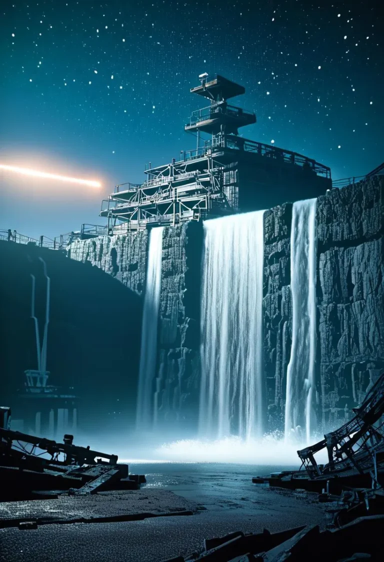 A futuristic structure built atop a large waterfall at night under a starry sky. AI generated image using stable diffusion.