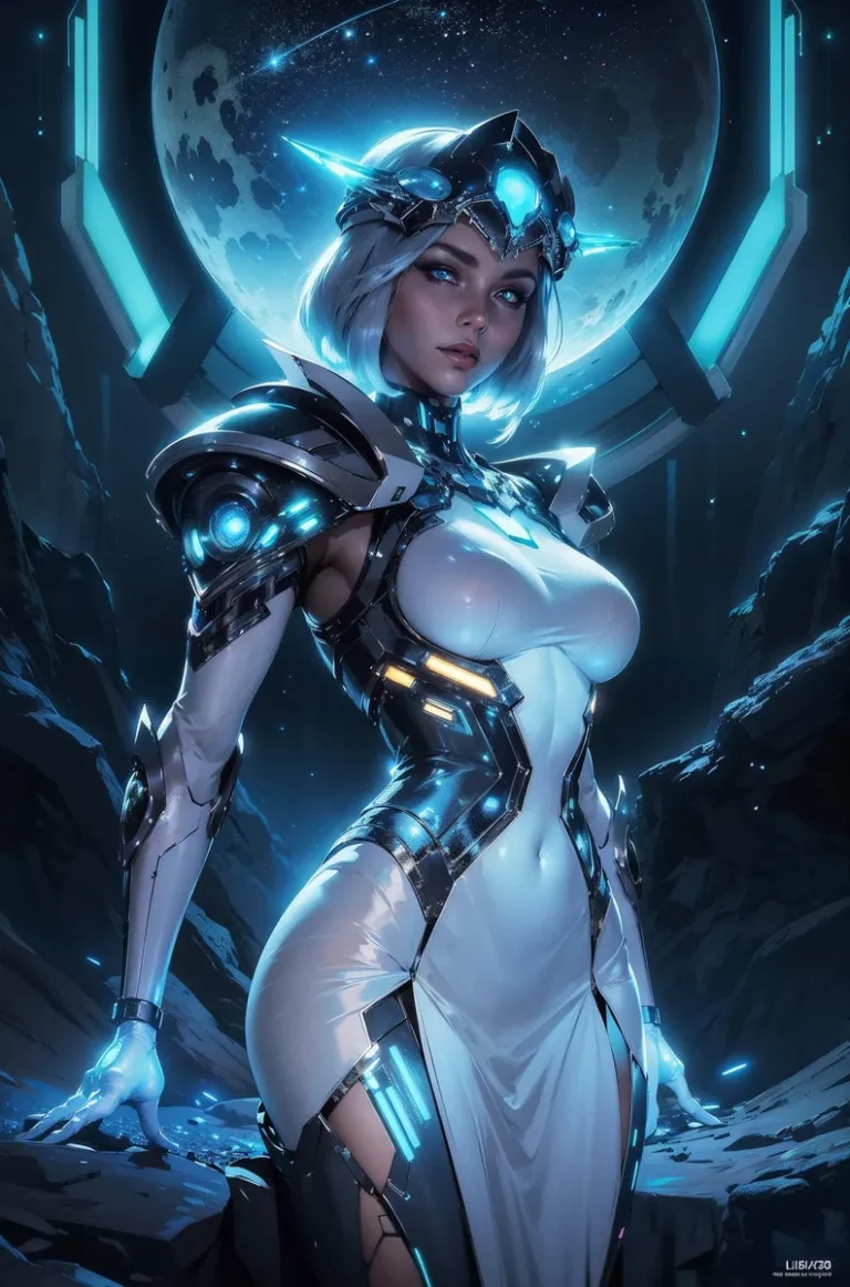 A futuristic woman in cyber armor standing against a cosmic backdrop, AI generated using Stable Diffusion.