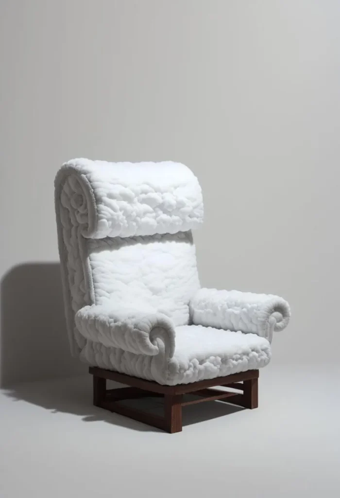 A fuzzy white chair designed with modern aesthetics. Ai-generated image created using stable diffusion.