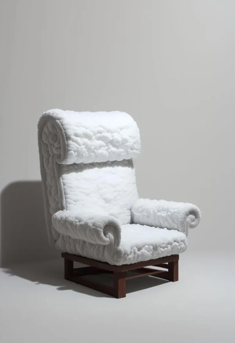 A fuzzy white chair designed with modern aesthetics. AI-generated image created using Stable Diffusion.