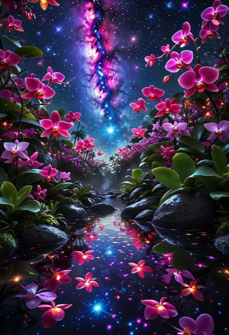 AI generated image using stable diffusion depicting a vibrant night sky with a galaxy over a lush garden full of bright pink flowers reflecting in a serene stream.