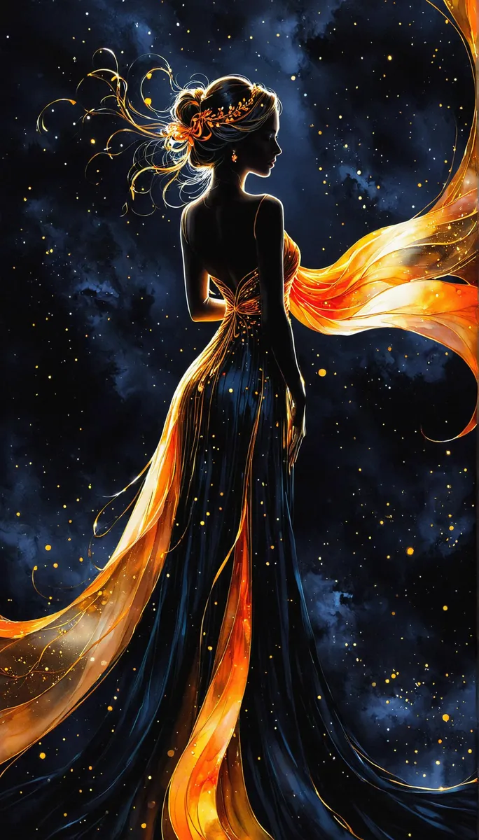 Elegant woman in a stunning galaxy-themed dress with glowing orange ribbons, AI generated using Stable Diffusion.