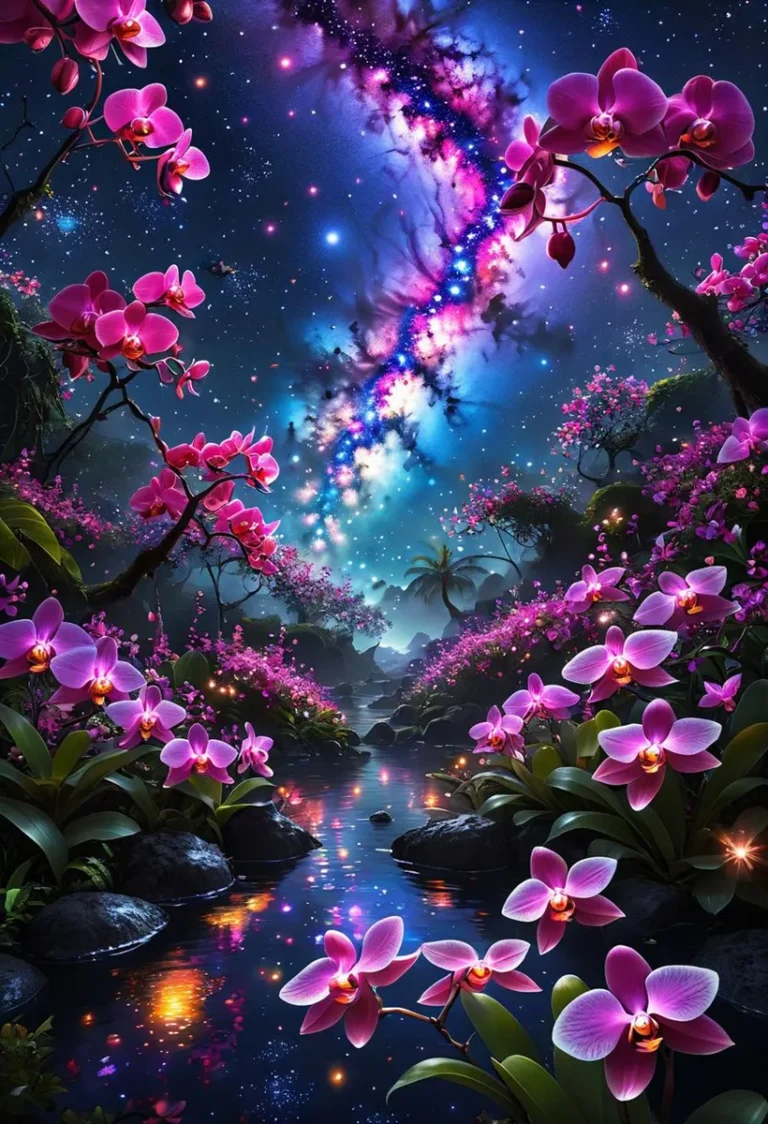 A fantasy landscape with blooming pink orchids by a stream under a vivid galaxy-filled night sky. AI generated image using Stable Diffusion.