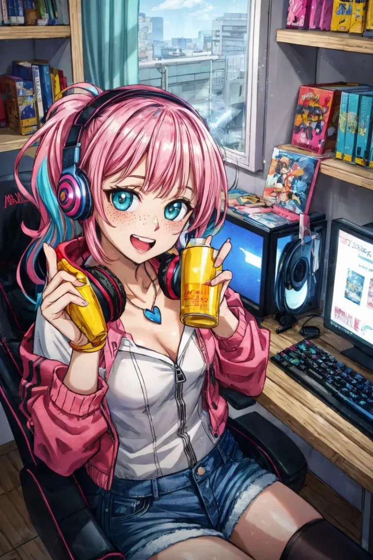 Anime style image of a gamer girl with pink hair, wearing headphones and holding a drink. Created using Stable Diffusion AI.
