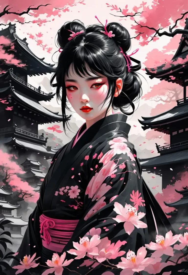 A beautiful geisha in a black kimono adorned with pink sakura blossoms, standing amidst traditional Japanese architecture. AI generated image using Stable Diffusion.
