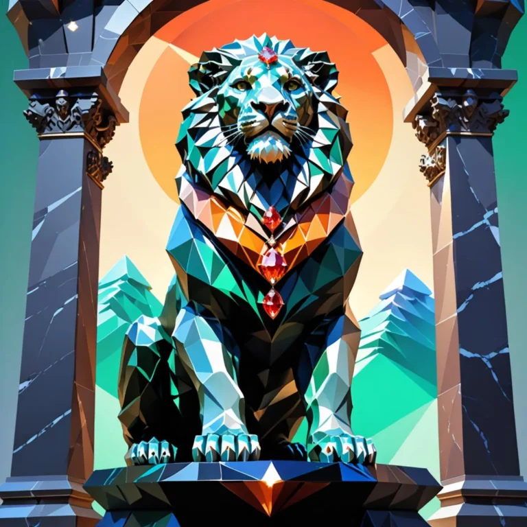 A detailed geometric lion sculpture in vibrant low poly art, created using AI and Stable Diffusion.