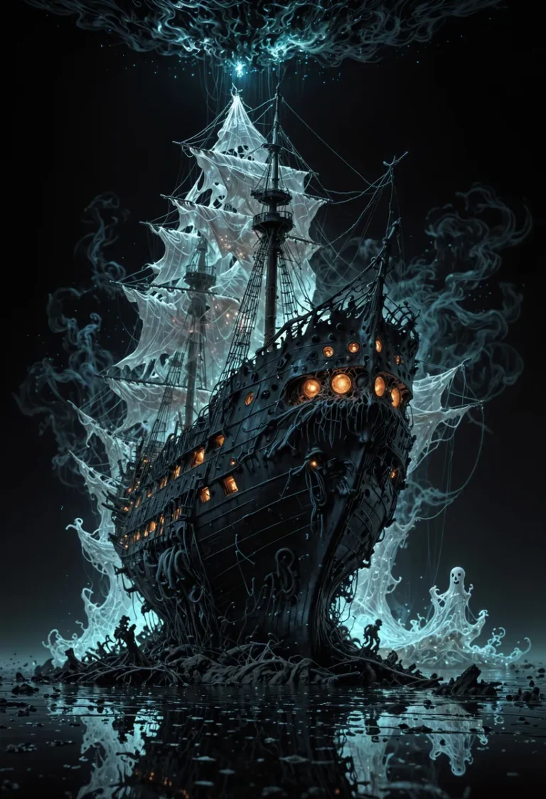A hauntingly beautiful ghost ship with glowing ethereal sails and eerie mist, created using Stable Diffusion.