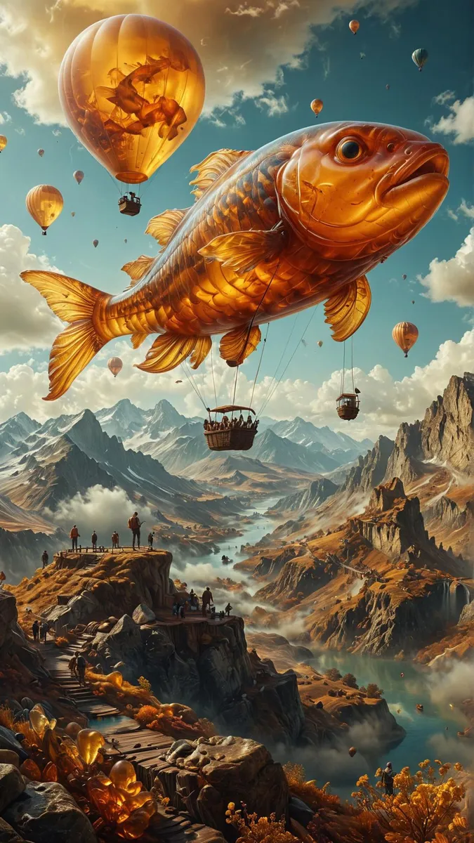 A surreal landscape featuring a giant fish balloon and several hot air balloons floating over a mountainous terrain. This is an AI generated image using stable diffusion.