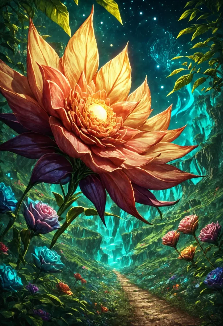 A surreal image of a giant flower in a vivid fantasy landscape with a starry night sky, created using Stable Diffusion AI.