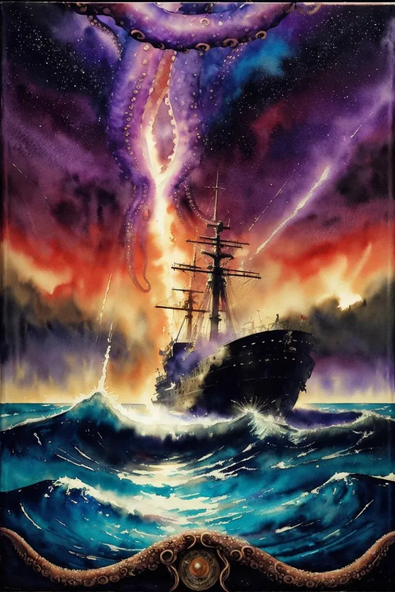 Dramatic scene of a giant octopus attacking a ship under a vivid stormy night sky, an AI generated image using Stable Diffusion.