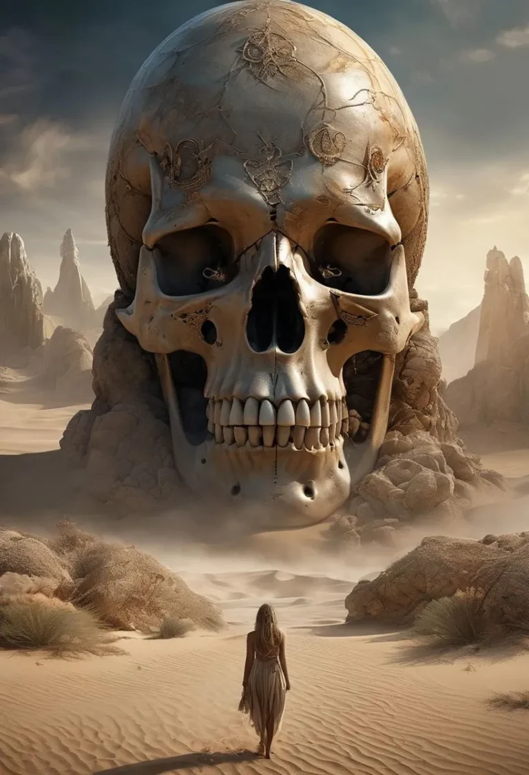 A giant skull structure in a desert landscape with a person walking towards it, generated using Stable Diffusion.