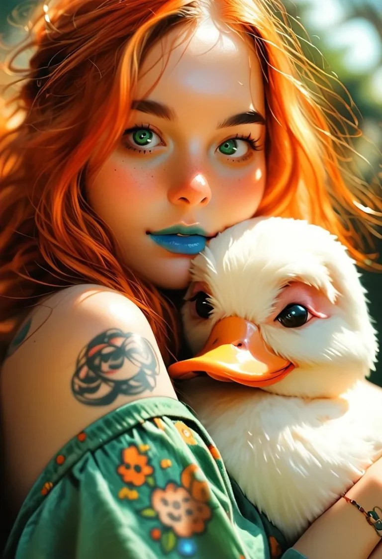 A colorful portrait of a girl with red hair and blue lips, hugging a cute white duck. AI generated image using stable diffusion.