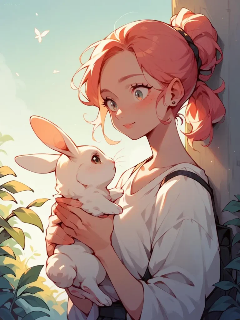 Girl with pink hair holding a white rabbit, AI generated image using stable diffusion.