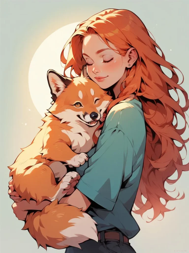 A girl with long red hair holding a fox, AI generated using Stable Diffusion.