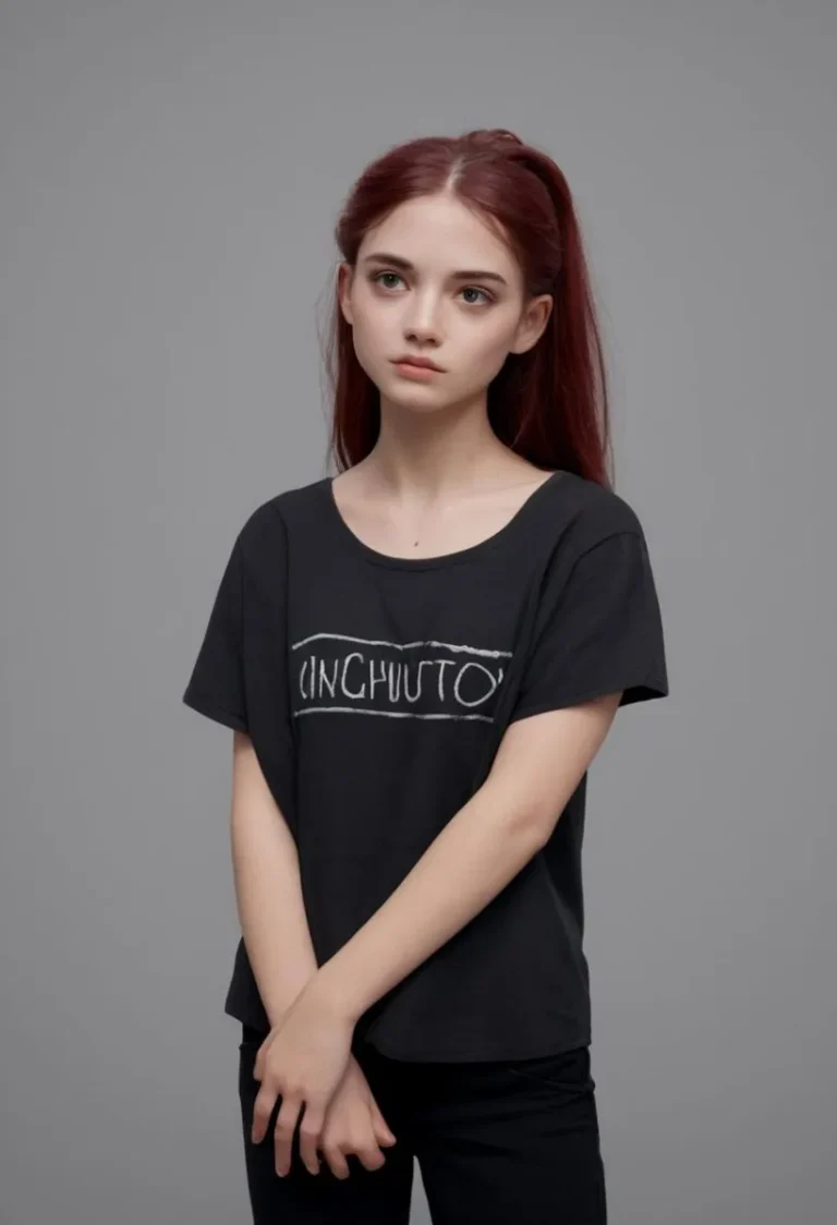 AI generated image using Stable Diffusion depicting a girl with long red hair wearing a black T-shirt and black pants, standing against a neutral gray background.