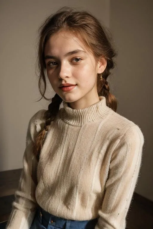 A girl with braids wearing a cozy sweater in a portrait image generated using Stable Diffusion.