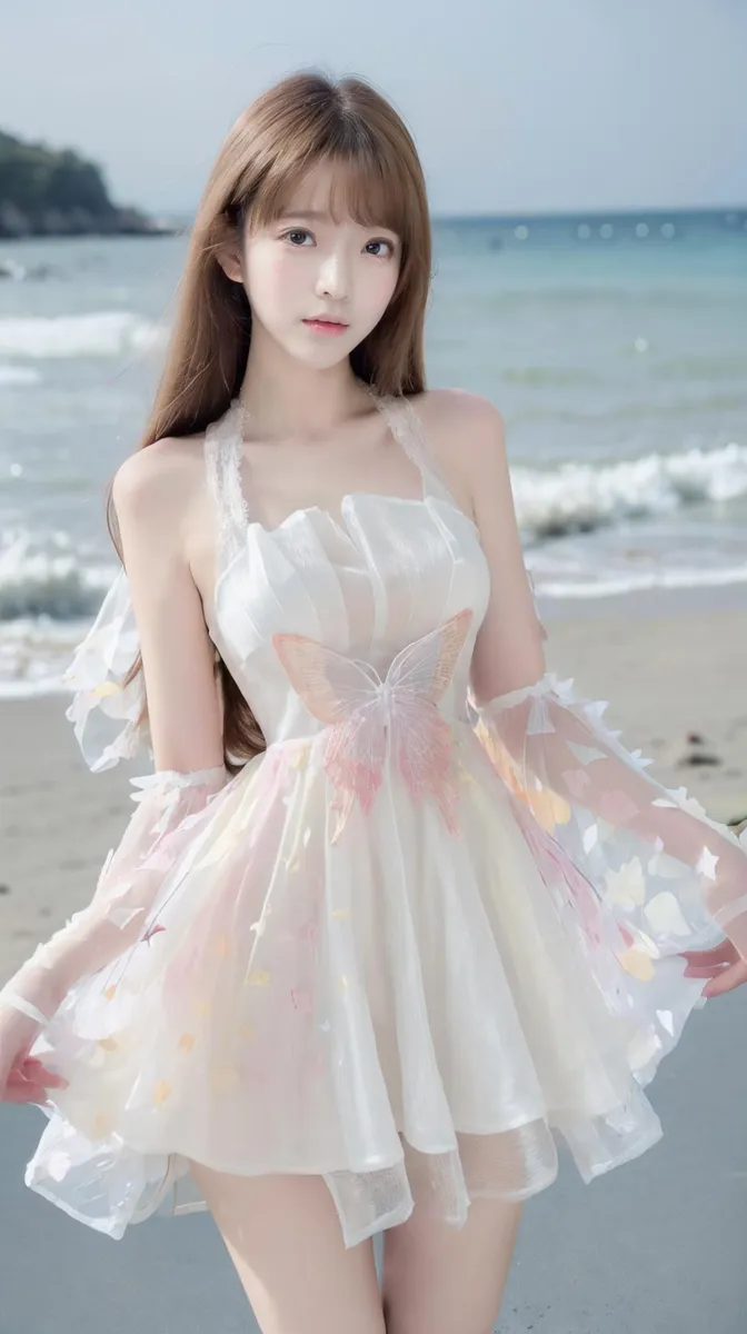 A girl in a butterfly-themed dress standing on a beach with the sea in the background. AI generated image using Stable Diffusion.