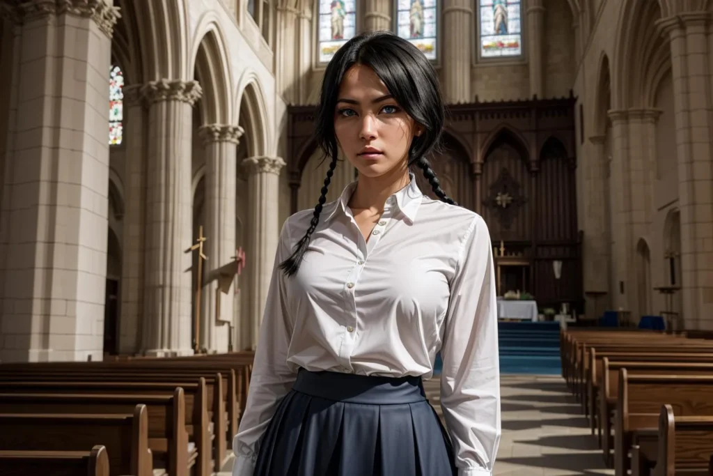 A girl with braided hair in a white blouse and dark skirt stands in a cathedral with gothic architecture. This is an AI generated image using Stable Diffusion.